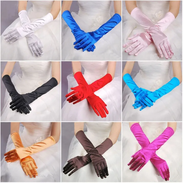 1pair Bride Gloves Satin Long Vintage Travel Sunscreen Dress Wedding Gloves(Lake Blue)