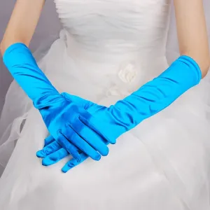 1pair Bride Gloves Satin Long Vintage Travel Sunscreen Dress Wedding Gloves(Lake Blue)