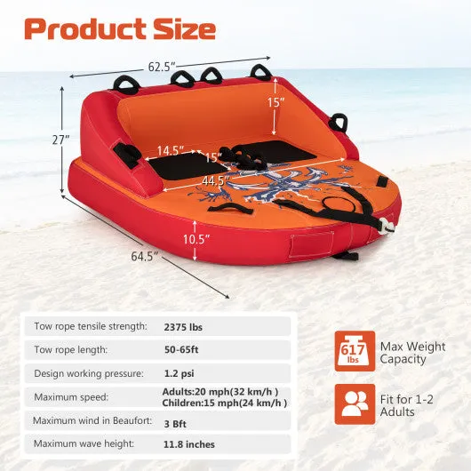 2 Person Water Sport Inflatable Towable Tubes for Boating-Orange