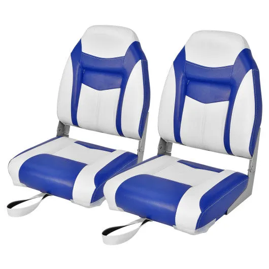 2 Pieces High Back Folding Boat Seat Set with Sponge Cushion-Blue