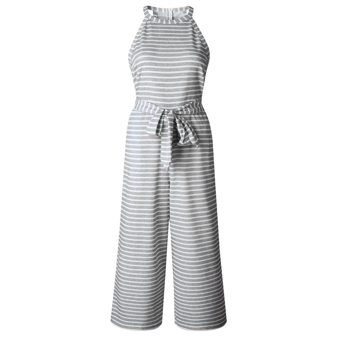 2018 Women Summer O-neck Bowknot Pants Playsuit Sashes Pockets Sleeveless Rompers Overalls Sexy Office Lady Striped Jumpsuits