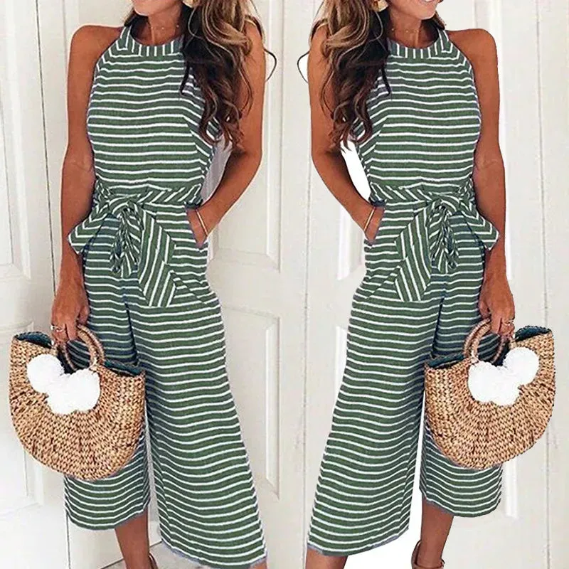 2018 Women Summer O-neck Bowknot Pants Playsuit Sashes Pockets Sleeveless Rompers Overalls Sexy Office Lady Striped Jumpsuits