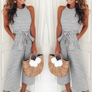 2018 Women Summer O-neck Bowknot Pants Playsuit Sashes Pockets Sleeveless Rompers Overalls Sexy Office Lady Striped Jumpsuits