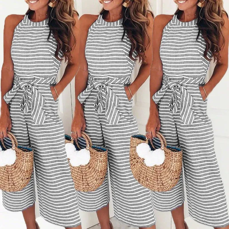 2018 Women Summer O-neck Bowknot Pants Playsuit Sashes Pockets Sleeveless Rompers Overalls Sexy Office Lady Striped Jumpsuits