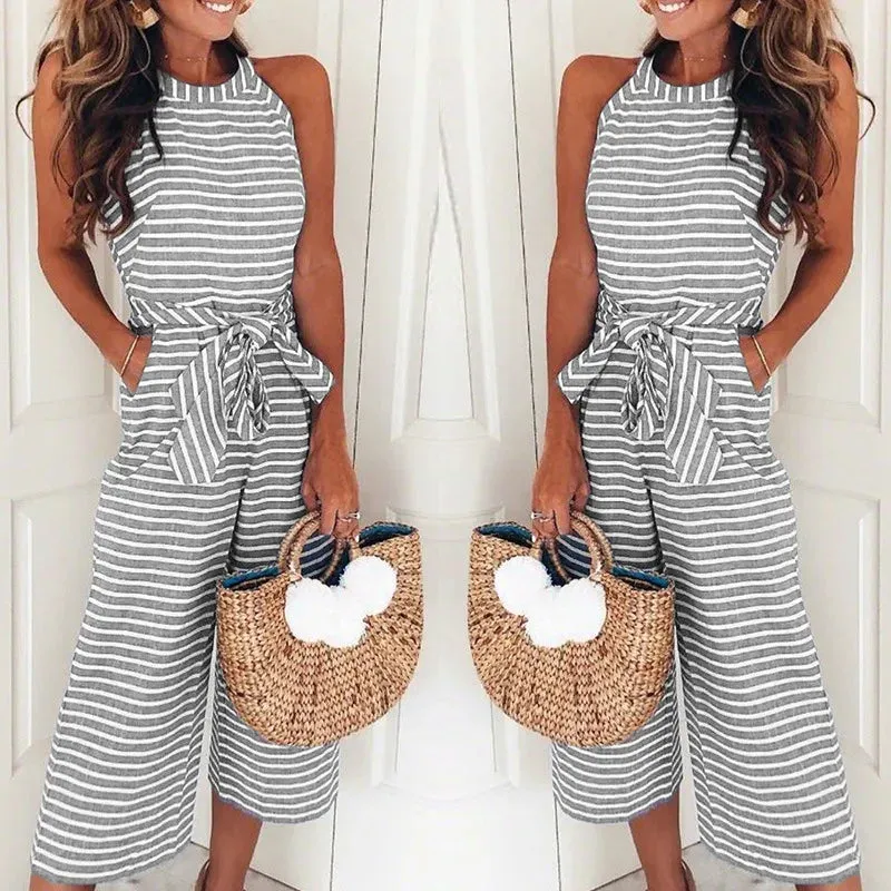 2018 Women Summer O-neck Bowknot Pants Playsuit Sashes Pockets Sleeveless Rompers Overalls Sexy Office Lady Striped Jumpsuits