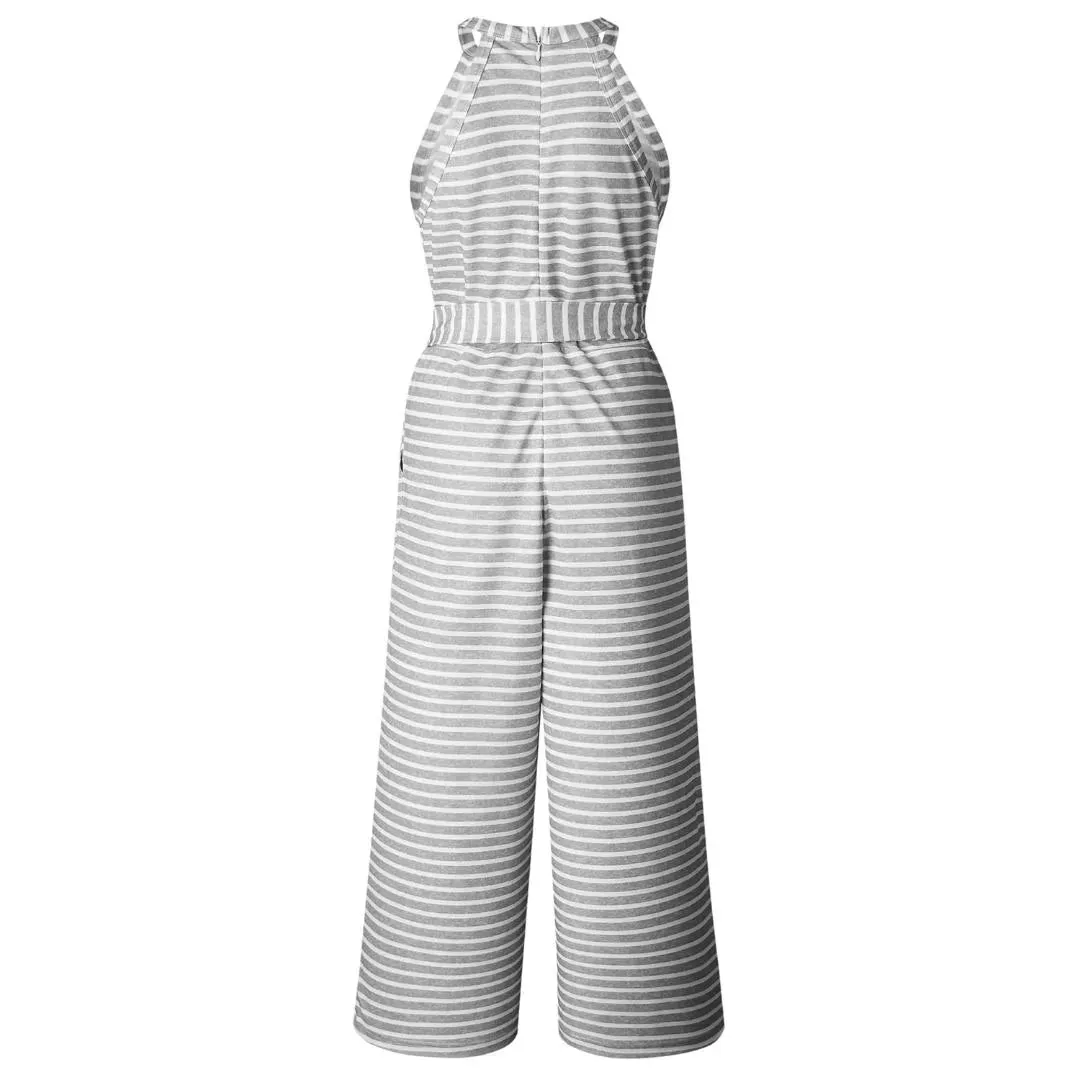 2018 Women Summer O-neck Bowknot Pants Playsuit Sashes Pockets Sleeveless Rompers Overalls Sexy Office Lady Striped Jumpsuits