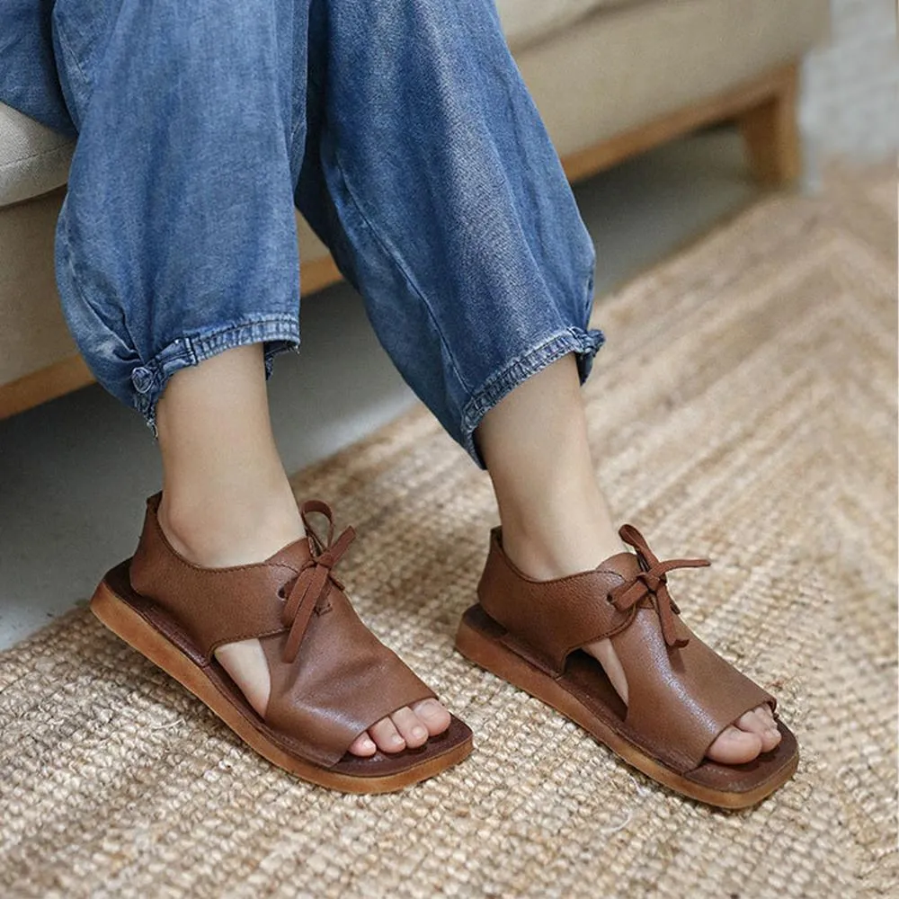 2021 Designer Summer Shoes  Genuine Leather Sandals Square Toe Retro Flats Coffee/Brown