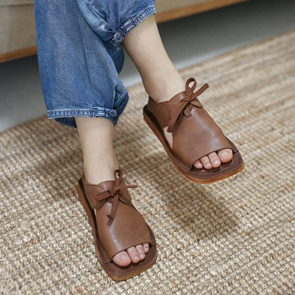 2021 Designer Summer Shoes  Genuine Leather Sandals Square Toe Retro Flats Coffee/Brown