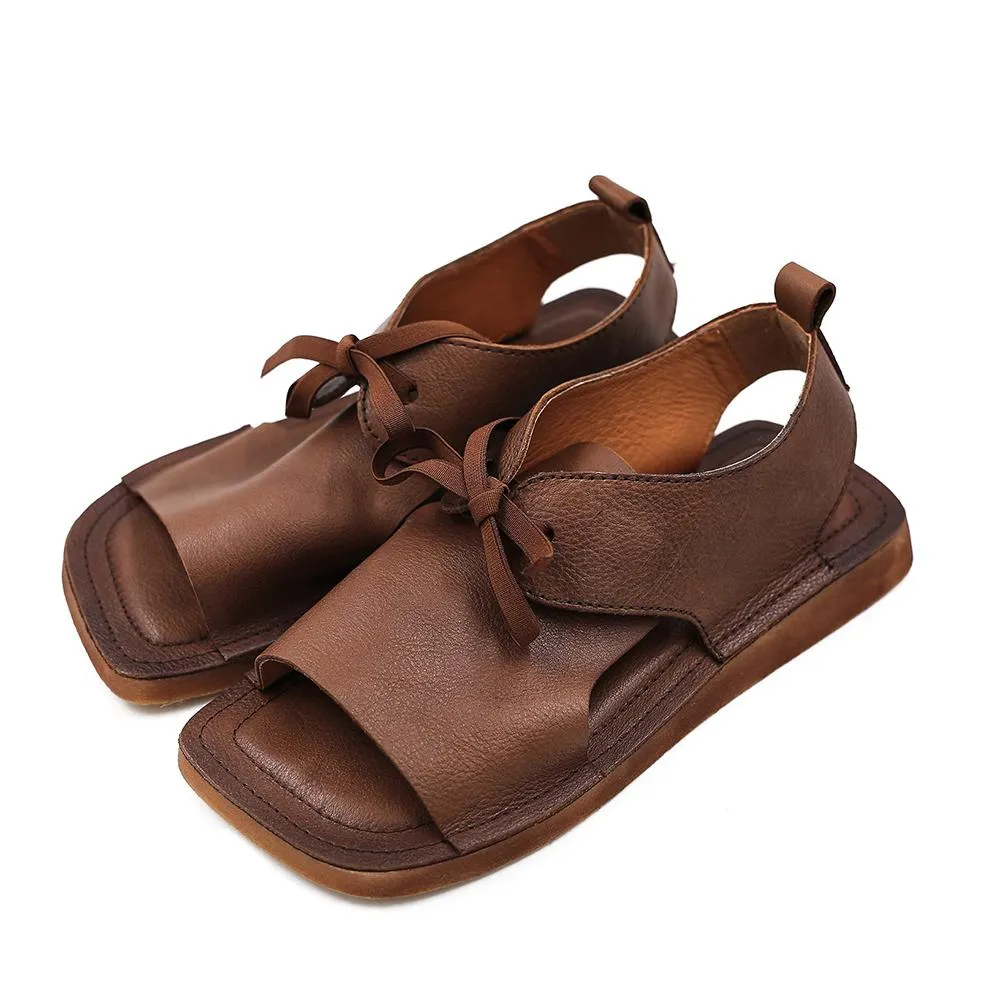 2021 Designer Summer Shoes  Genuine Leather Sandals Square Toe Retro Flats Coffee/Brown