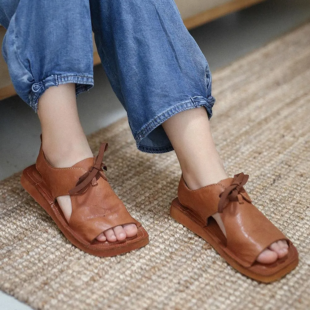 2021 Designer Summer Shoes  Genuine Leather Sandals Square Toe Retro Flats Coffee/Brown