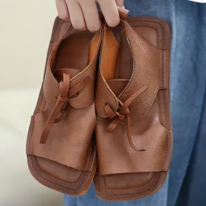 2021 Designer Summer Shoes  Genuine Leather Sandals Square Toe Retro Flats Coffee/Brown