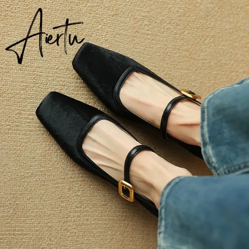 Aiertu NEW Spring/Autumn Women Pumps Square Toe Chunky Heel Shoes Horsehair Leopard Shoes for Women Concise High Heel Buckle Mary Janes