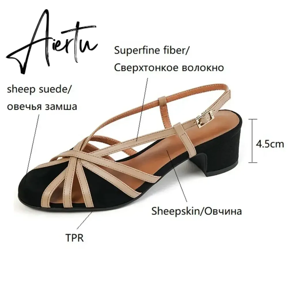 Aiertu  Summer Women Sandals Round Toe Cover Heel Gladiator Shoes Women Sheep Suede Women Shoes Vintage Cutout Flat Roman Sandals