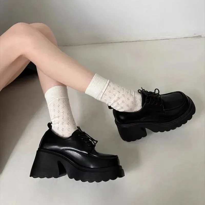 Amozae-Black Thick Bottom High Heel Shoes Women's 2024 New Spring Autumn Versatile Height Increasing Mary Jane Flats