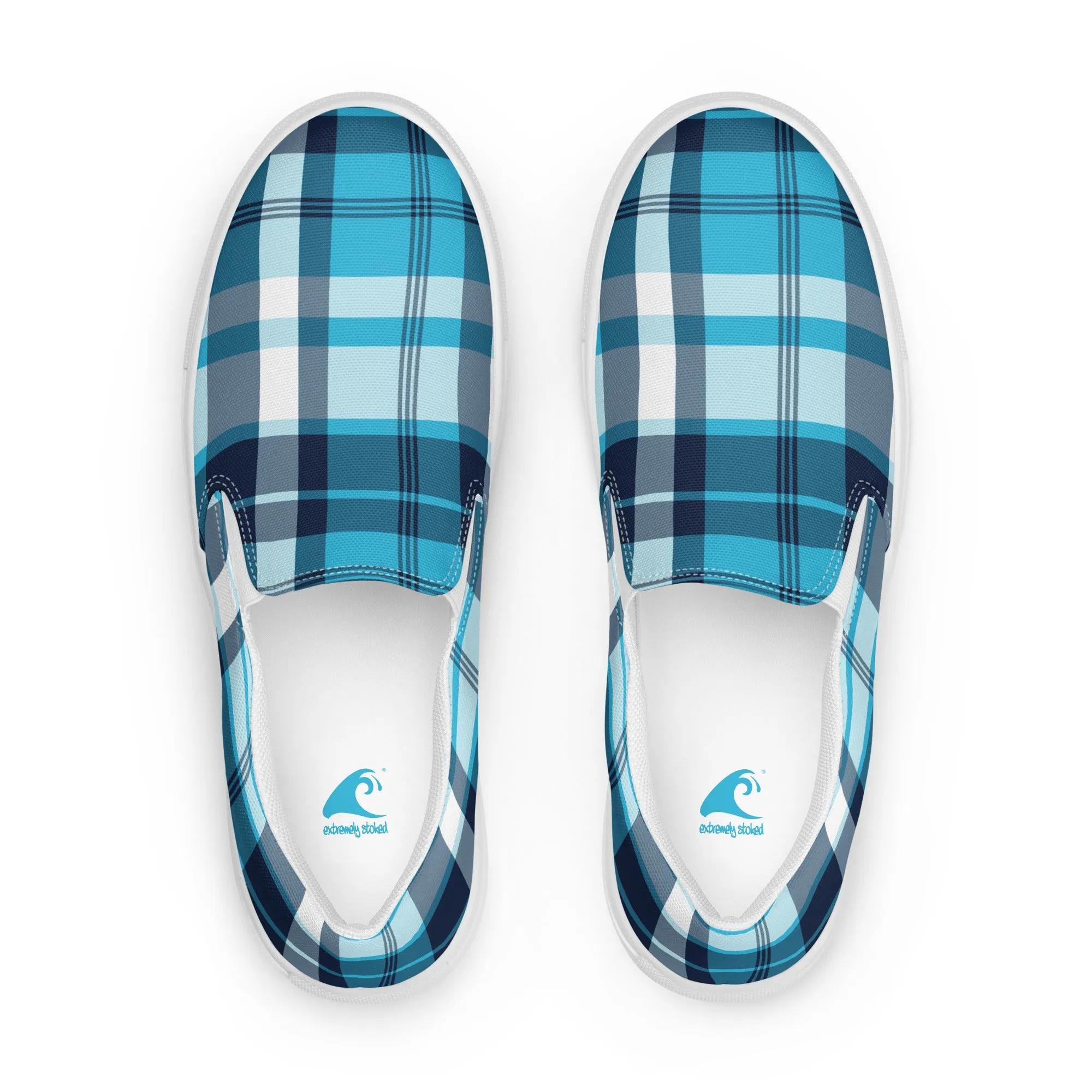 Aqua and Navy Blue Preppy Surfer Plaid Women's Slip On Canvas Shoes