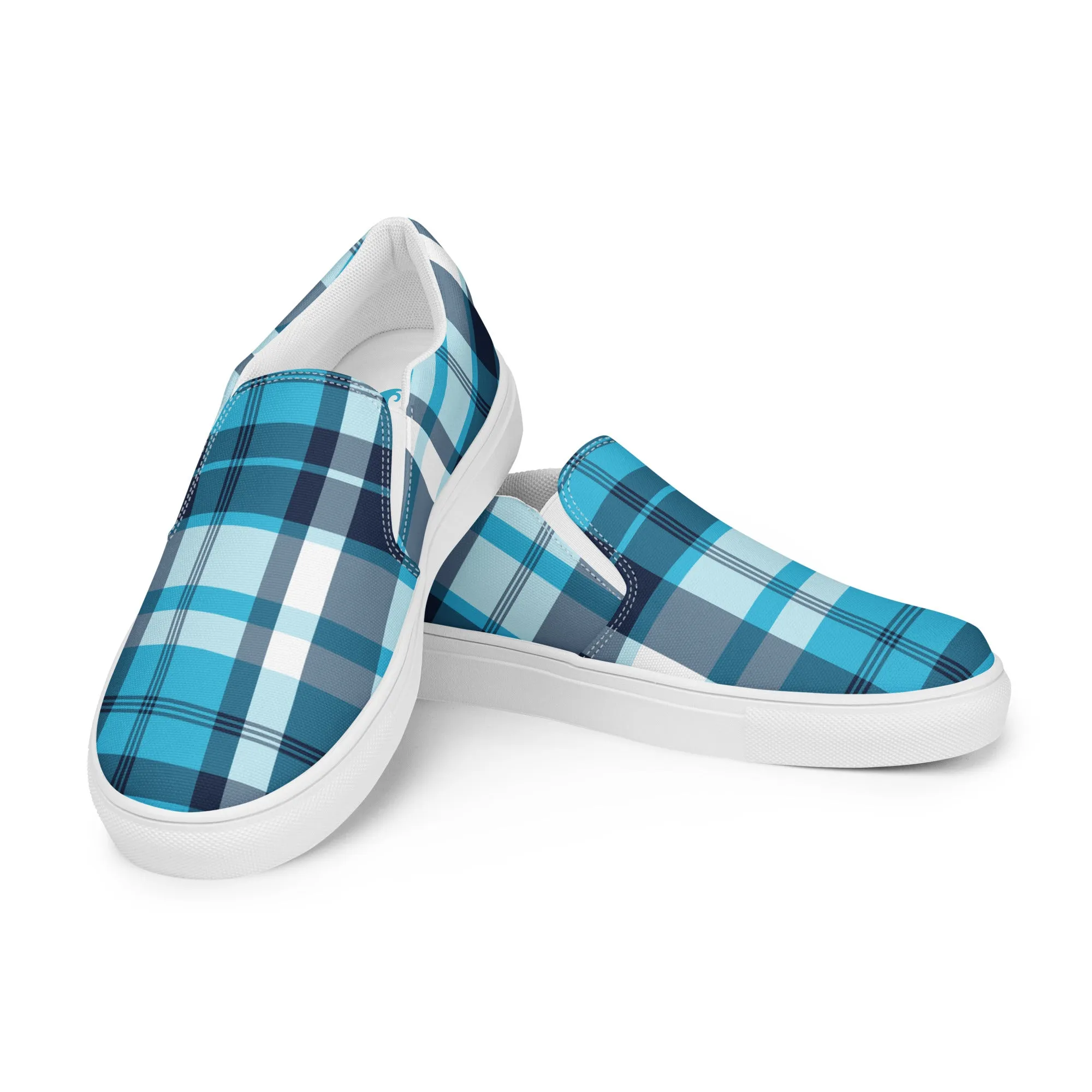 Aqua and Navy Blue Preppy Surfer Plaid Women's Slip On Canvas Shoes