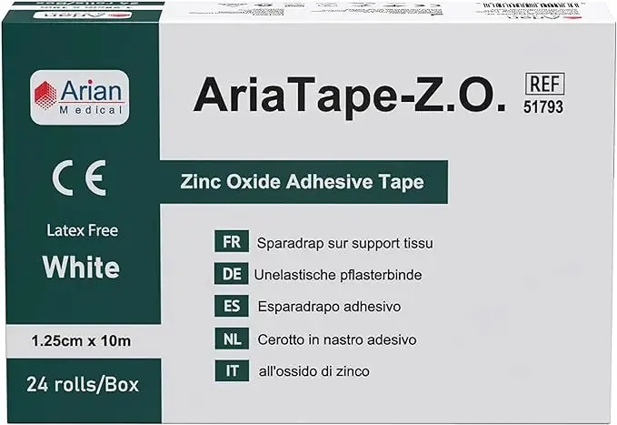 AriaTape Zinc Oxide Tape Self Adhesive Tearable Tape - 1.25cm X 10m Injury Sport Strapping Tape 1 Roll