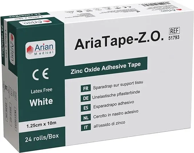 AriaTape Zinc Oxide Tape Self Adhesive Tearable Tape - 1.25cm X 10m Injury Sport Strapping Tape 1 Roll