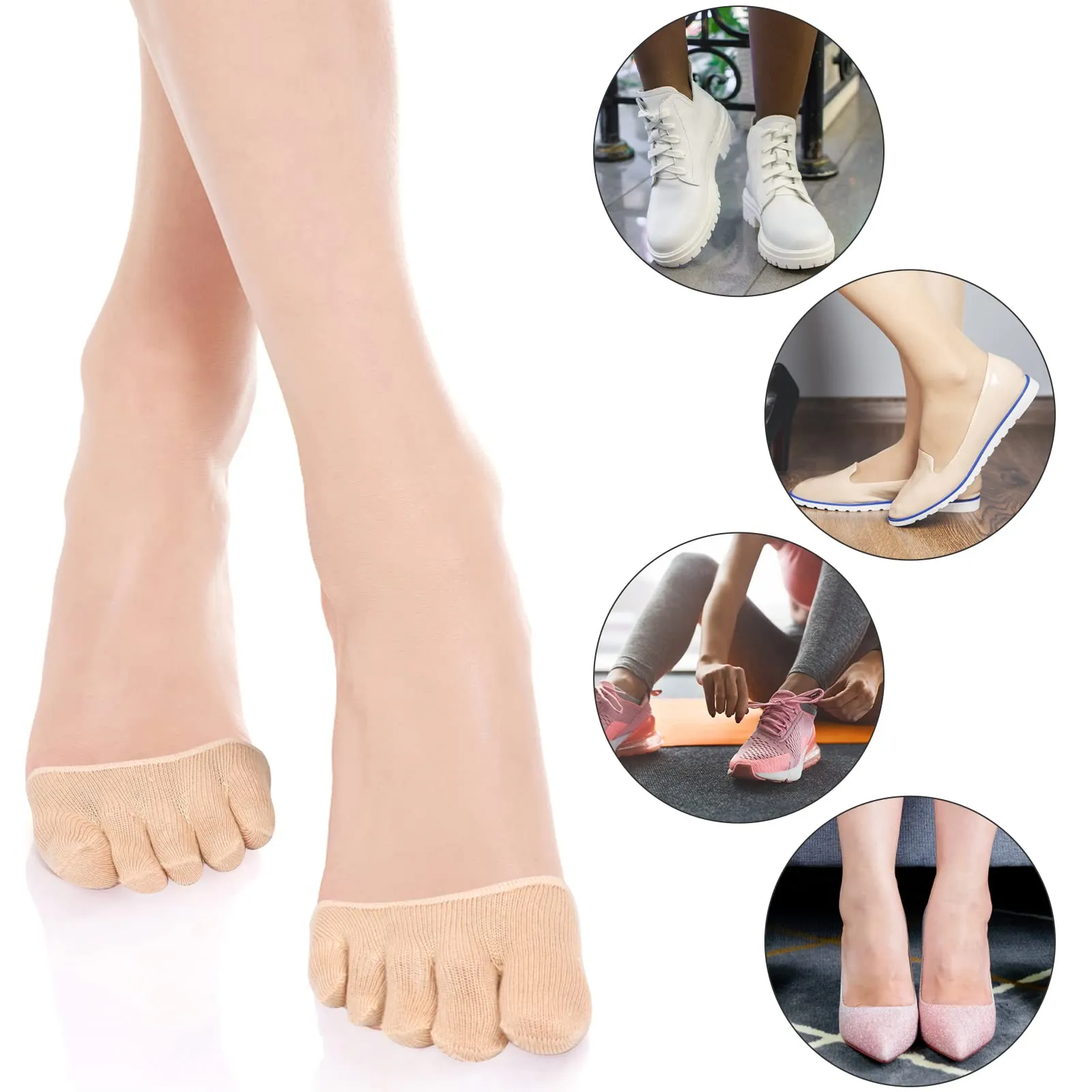 BANBAN 6 Pairs Metatarsal Pads for Women Ball of Foot Cushions Sleeves Forefoot Socks Toeless Toe Topper Five Finger Half Non-Slip Invisible Separated