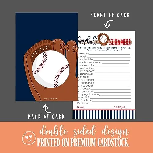 Baseball Word Scramble Game Cards - Fun Party Activity, 25 Guest Pack, 5"x7”