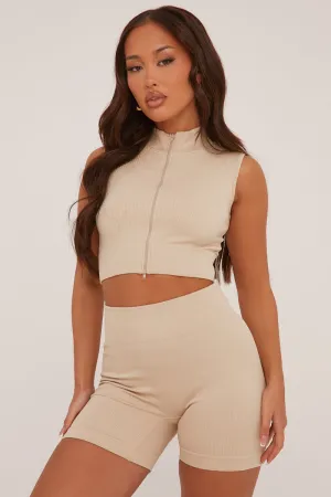 Beige Zip Front Seamless Cropped Top & Shorts Co-ord Set - Chelsea