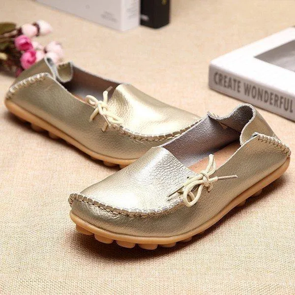 Big Size Shine Lace Up Flat Soft Pure Color Leather Shoes