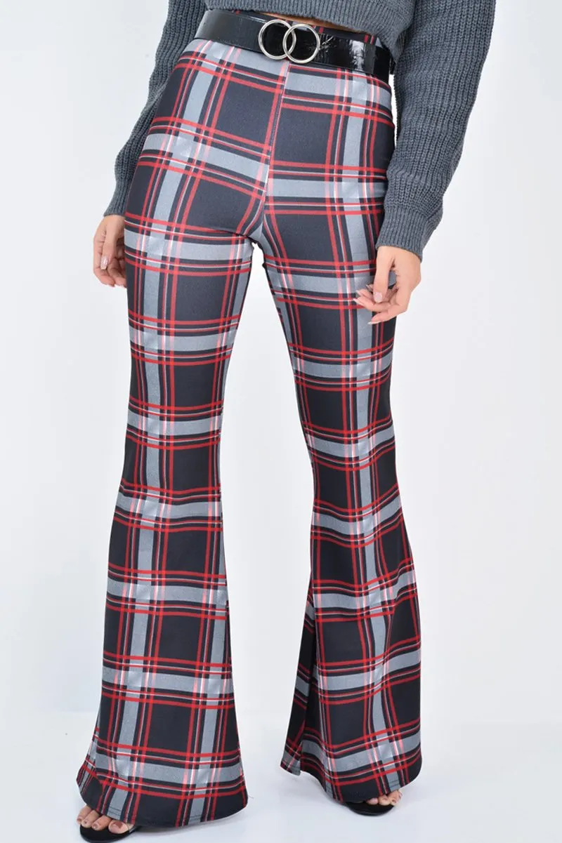 Black Check High Waist Flared Trousers - Cherie