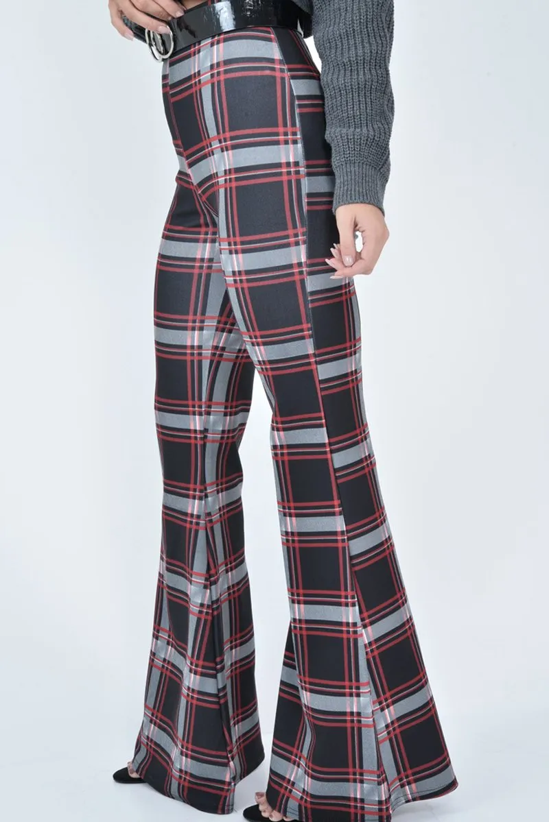 Black Check High Waist Flared Trousers - Cherie