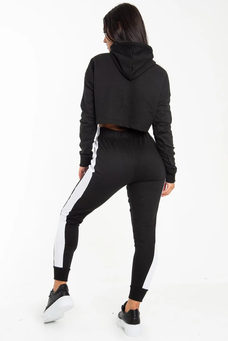 Black Side Stripe Cropped Hoodie and Jogger Set - Darshi