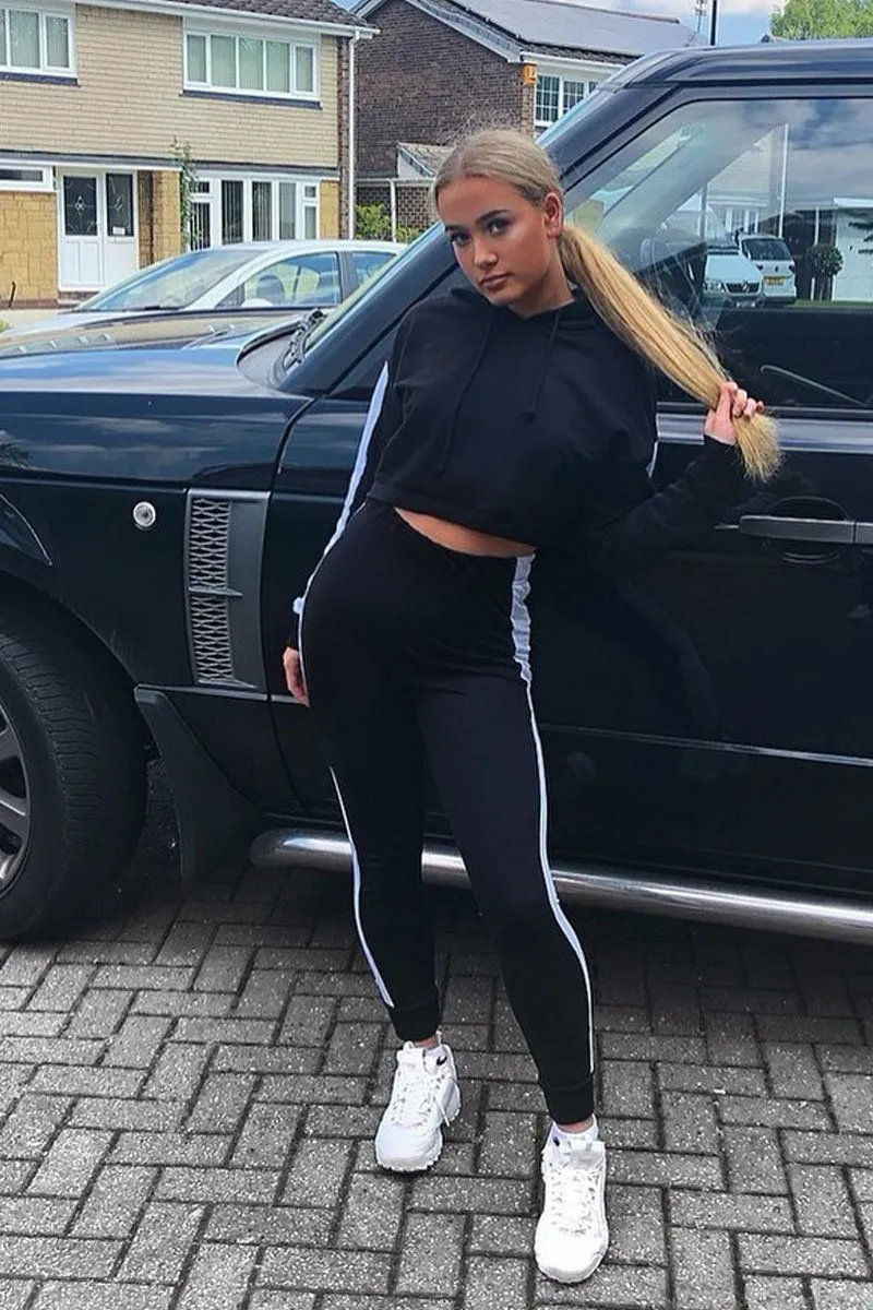 Black Side Stripe Cropped Hoodie and Jogger Set - Darshi