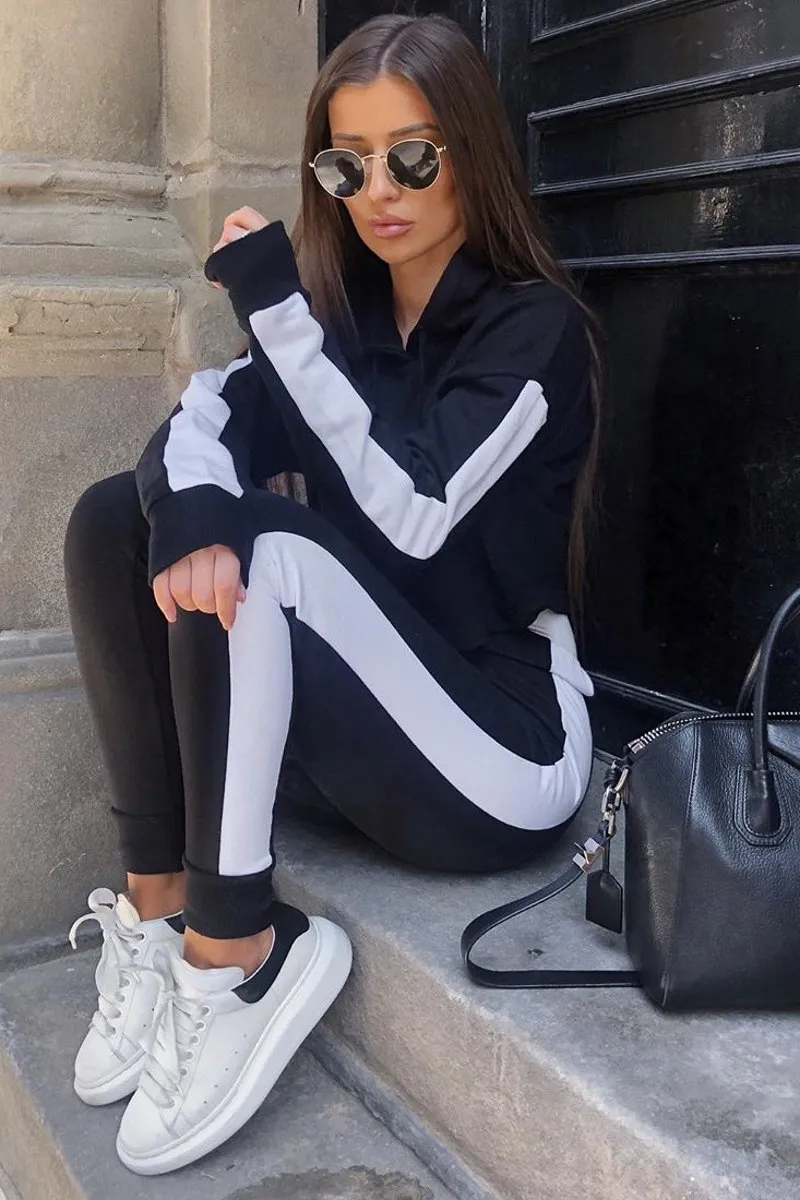 Black Side Stripe Cropped Hoodie and Jogger Set - Darshi