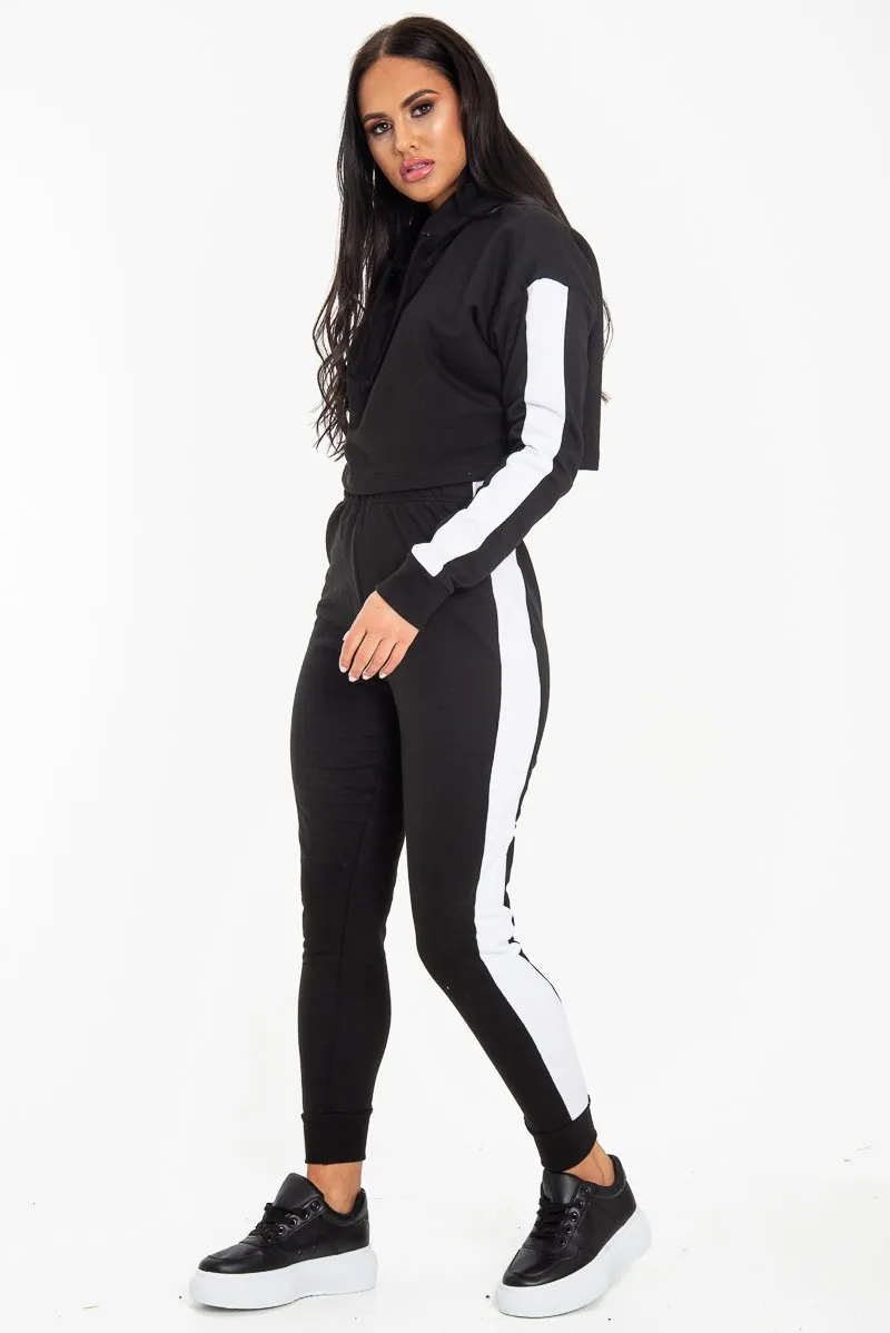 Black Side Stripe Cropped Hoodie and Jogger Set - Darshi