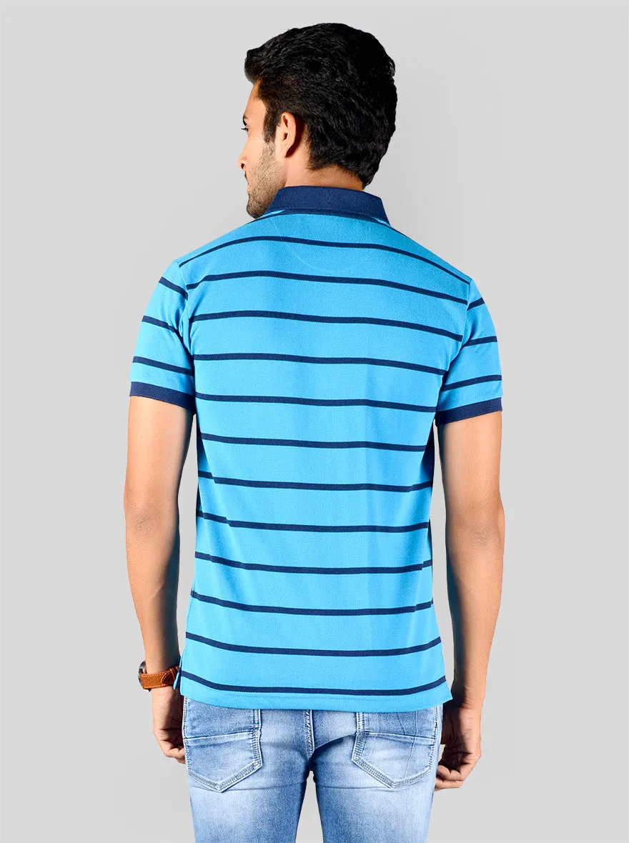 Bright Blue Striped Slim Fit Polo T-shirt | Greenfibre