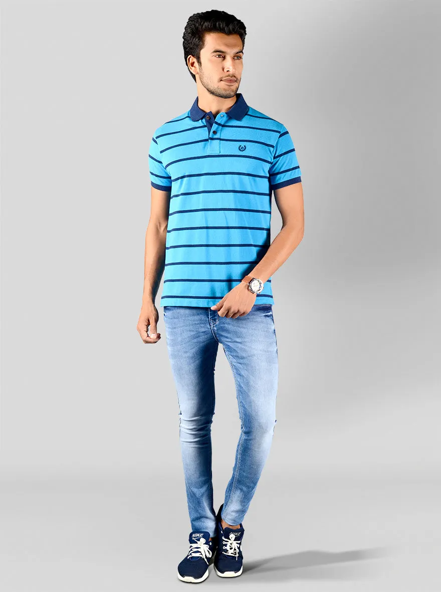 Bright Blue Striped Slim Fit Polo T-shirt | Greenfibre