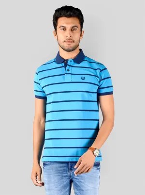 Bright Blue Striped Slim Fit Polo T-shirt | Greenfibre