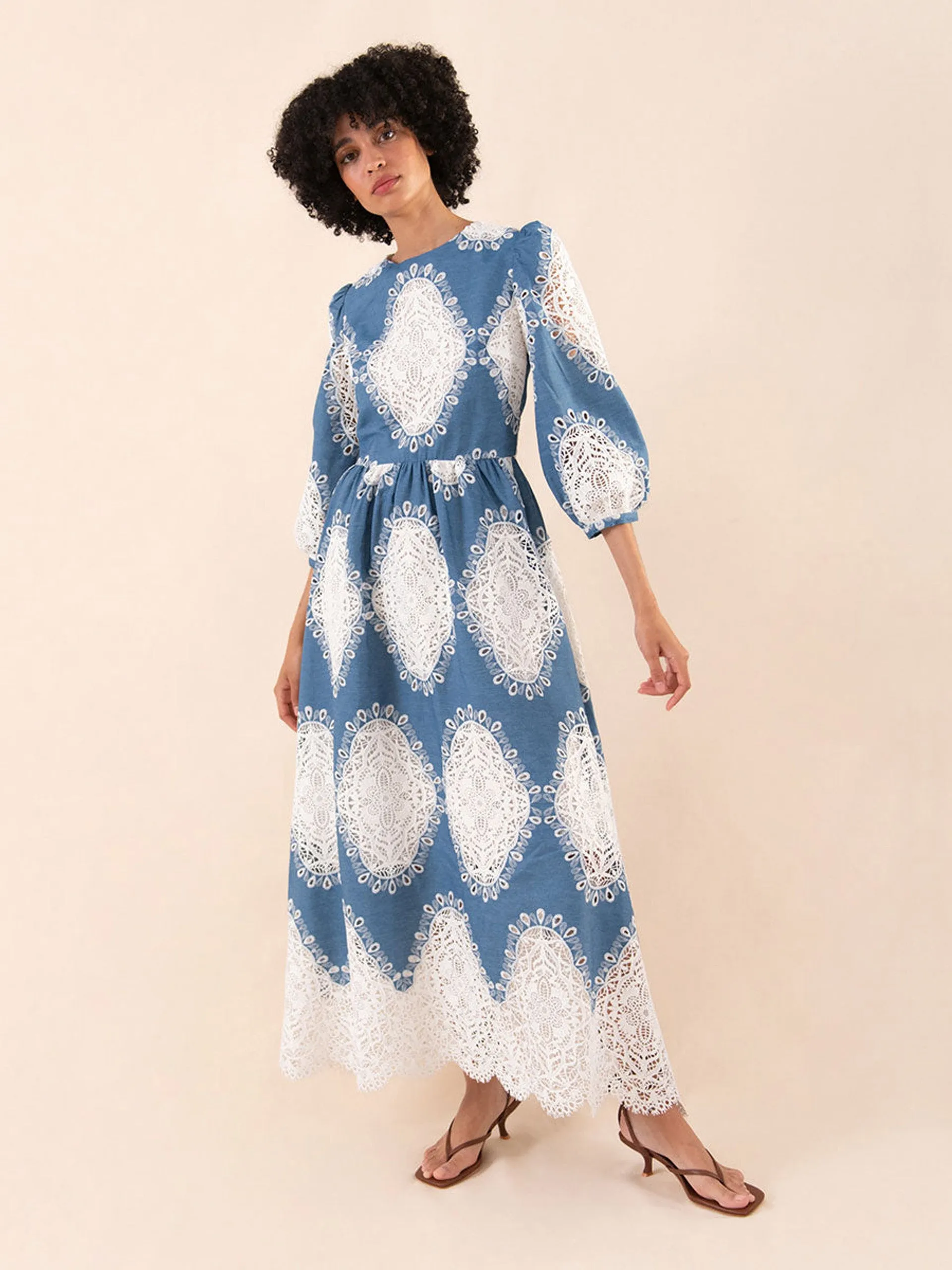 Constance broderie anglaise midi dress, lace and denim