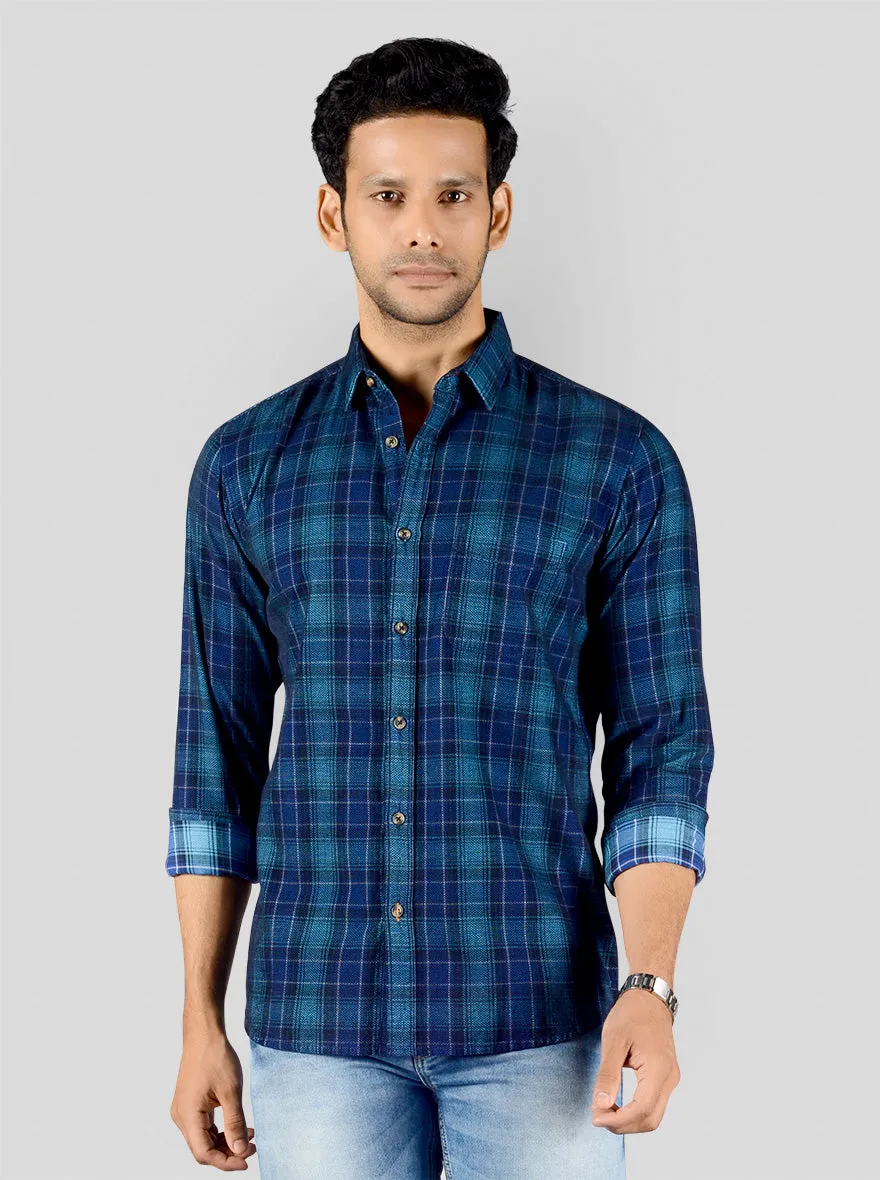 Dark Blue Checked Slim Fit Casual Shirt | JadeBlue