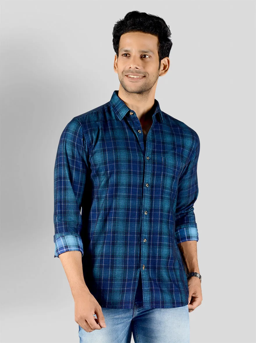 Dark Blue Checked Slim Fit Casual Shirt | JadeBlue