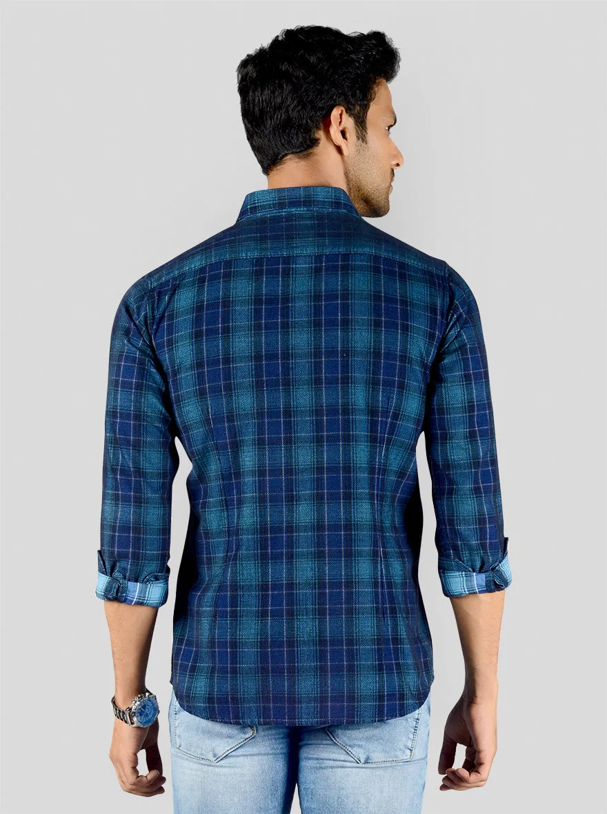 Dark Blue Checked Slim Fit Casual Shirt | JadeBlue