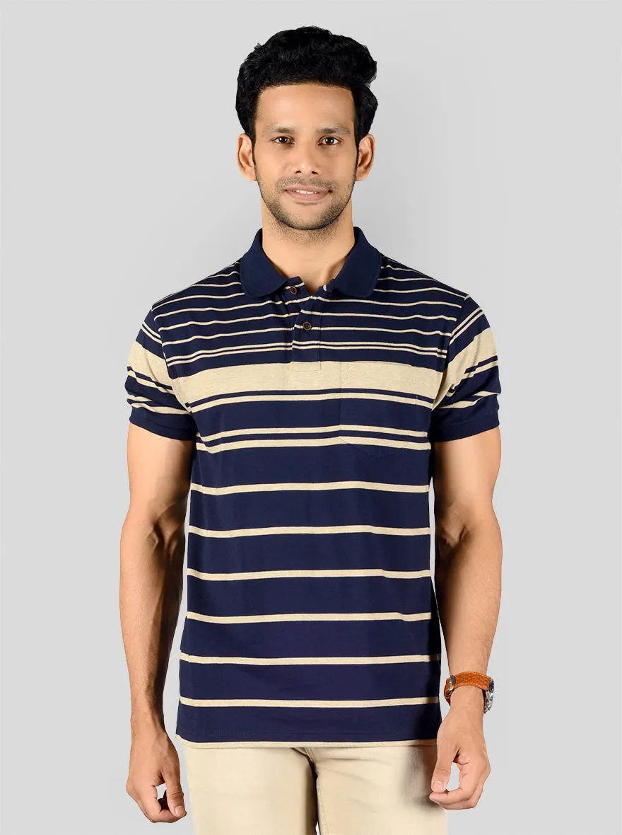 Deep Blue & Nude Striped Slim Fit Polo T-shirt | Greenfibre