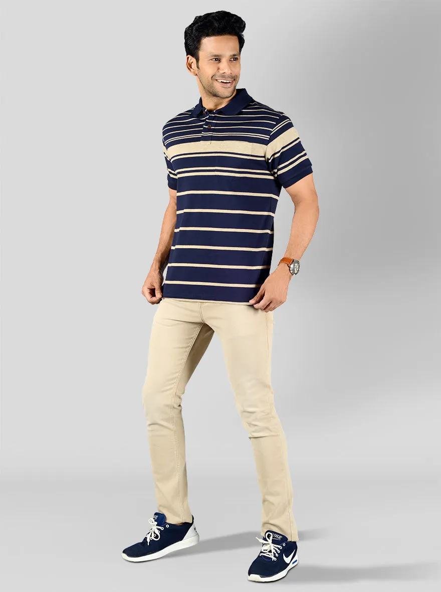 Deep Blue & Nude Striped Slim Fit Polo T-shirt | Greenfibre