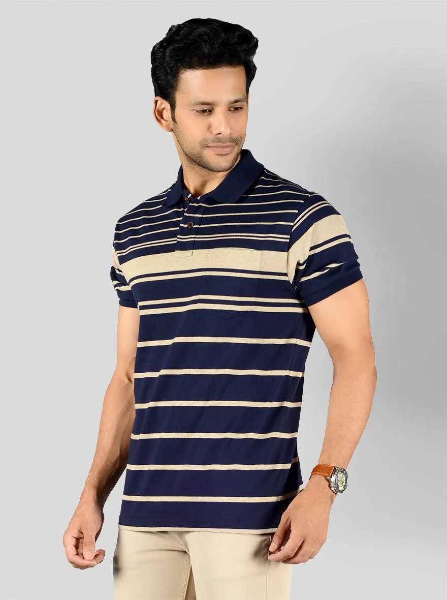 Deep Blue & Nude Striped Slim Fit Polo T-shirt | Greenfibre