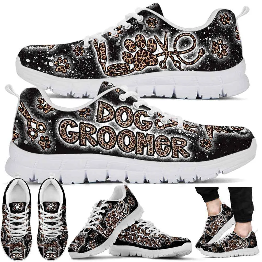 Dog Groomer Sneaker, Pet Groomer Leopard Love Sneakers Shoes, Best Running Shoes, Unique Gifts For Dog Lovers