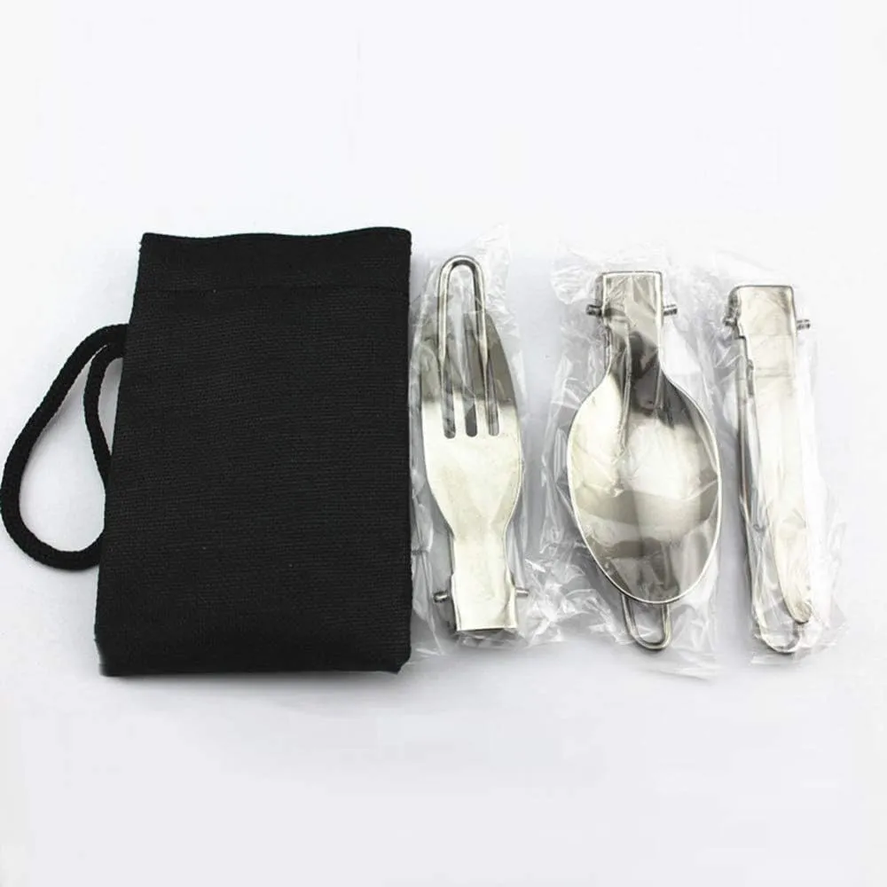 DZRZVD Camp Flatware Sets - Stainless Steel Spoon Fork Knife & Nylon Storage Bag - Foldable   Locking Handle - Ultralight Utensils for Backpacking/Hiking/Camping - 3oz