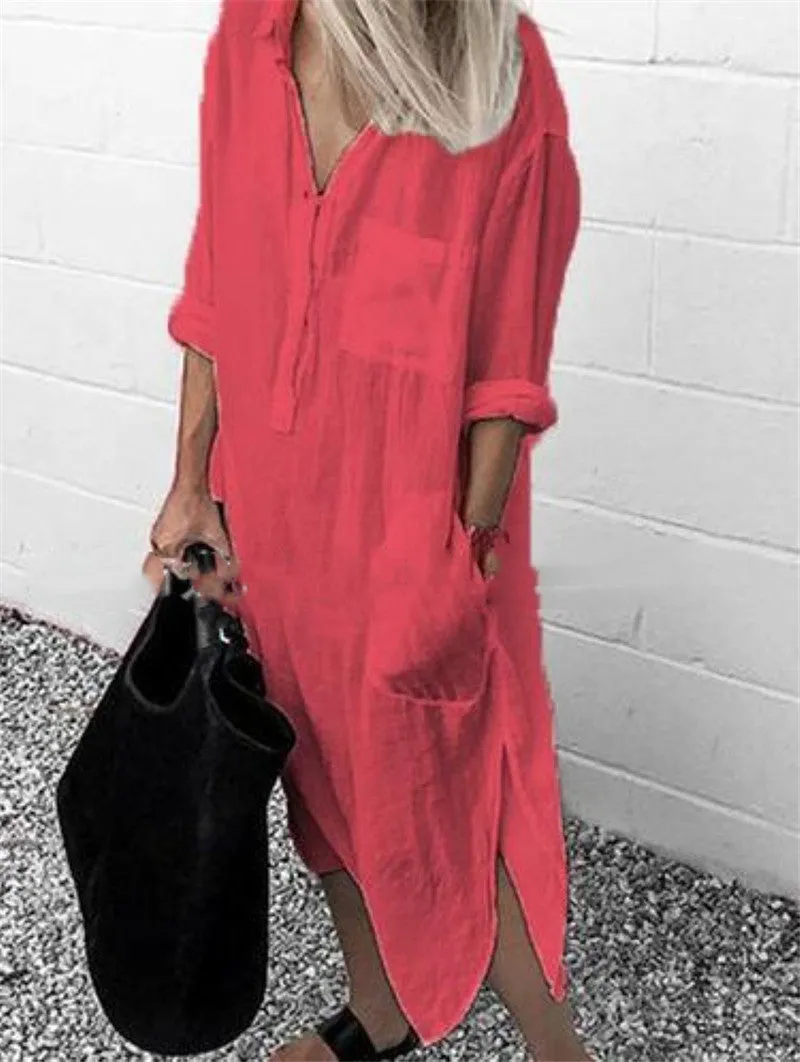 Elegant Solid Color Slit Dress - Long Shirt Dress