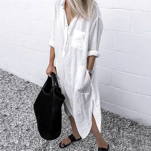 Elegant Solid Color Slit Dress - Long Shirt Dress