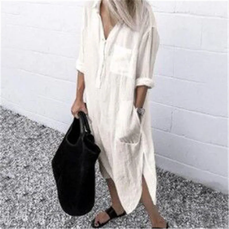 Elegant Solid Color Slit Dress - Long Shirt Dress