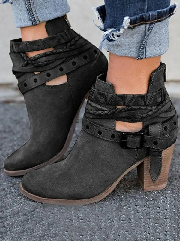 Fashion Buckle Mid-heel Ankle Chelsea Boots Shoes