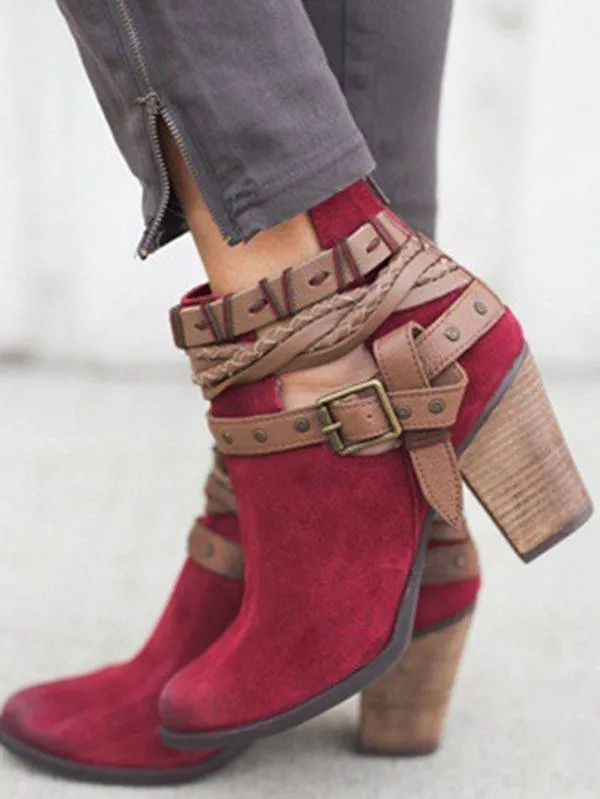 Fashion Buckle Mid-heel Ankle Chelsea Boots Shoes