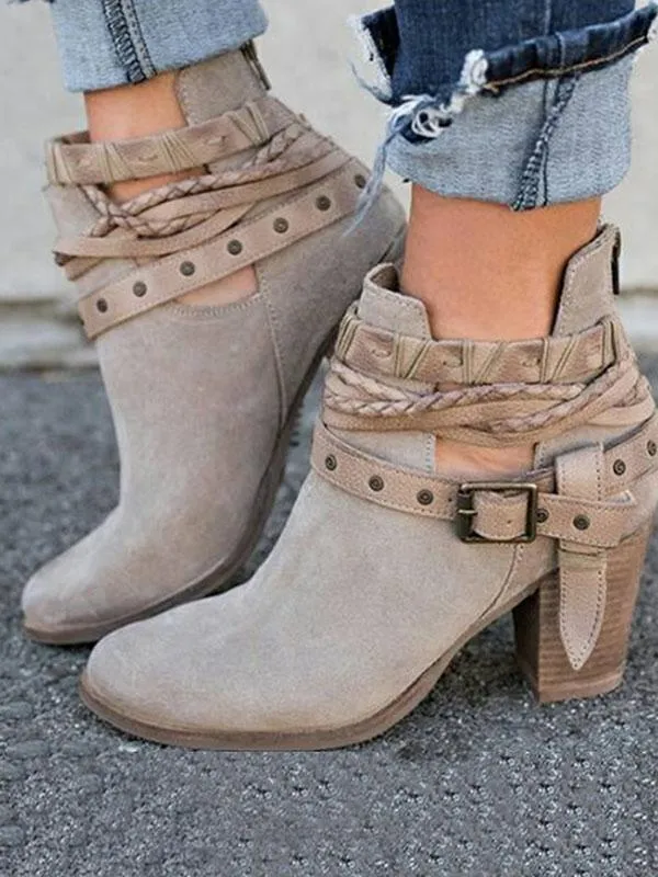 Fashion Buckle Mid-heel Ankle Chelsea Boots Shoes